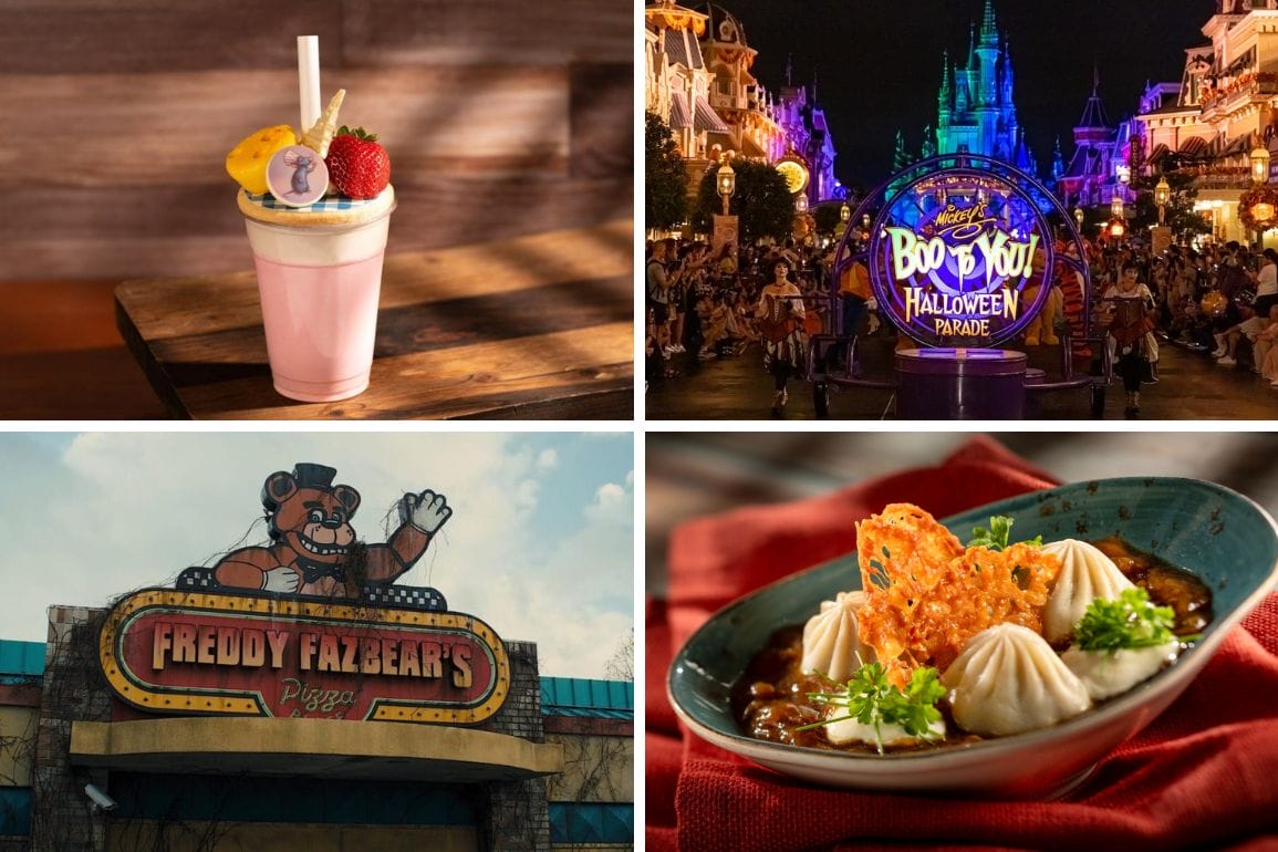 A collage of a pink milkshake, Halloween parade, Freddy Fazbear's Pizza sign, and EPCOT Food & Wine Festival eats.