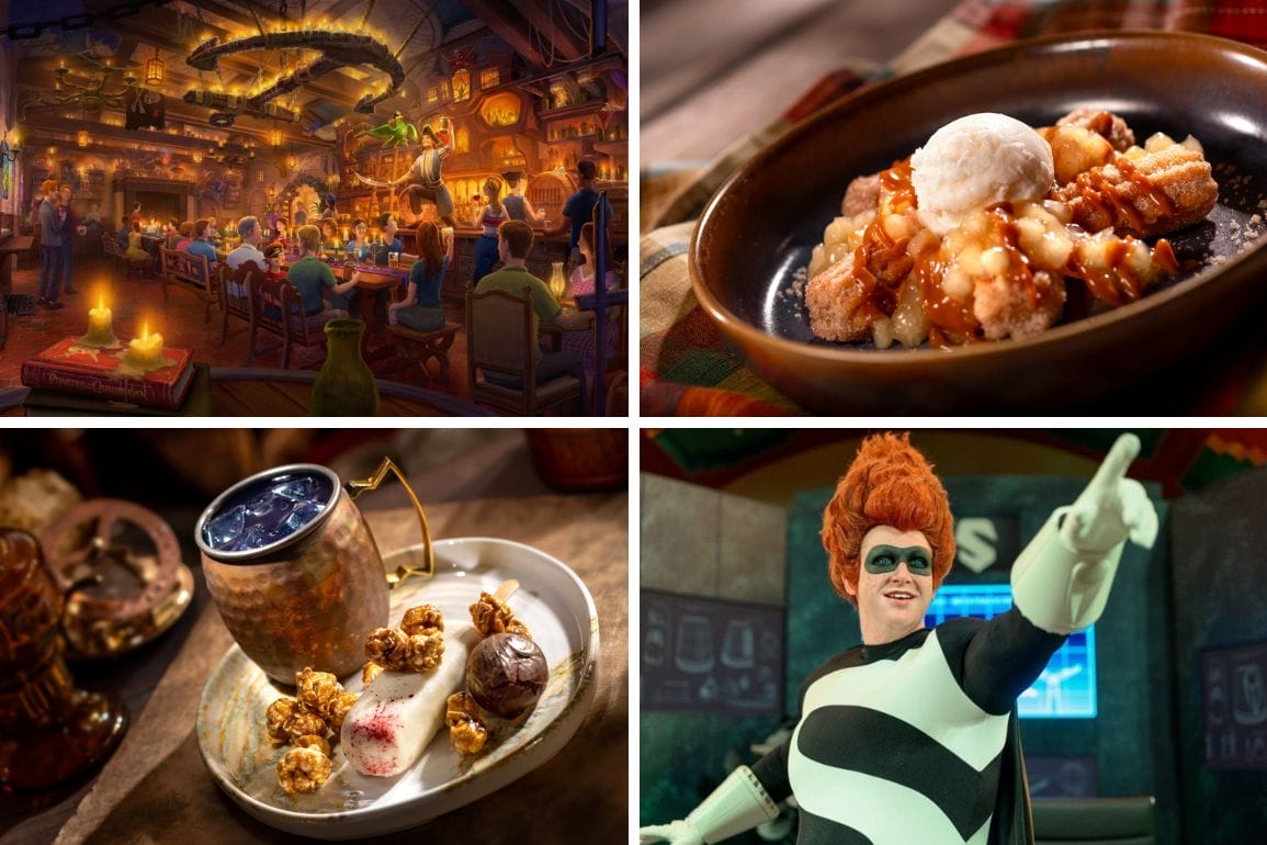 A lively Beak and Barrel restaurant with churro dessert, snacks, drinks, and a costumed performer posing for reservations.