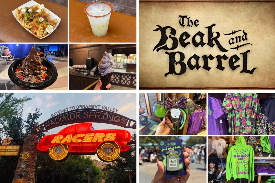 A collage of Disneyland food, drinks, signs, and attractions, featuring Racers and Beak and Barrel Tavern highlights.