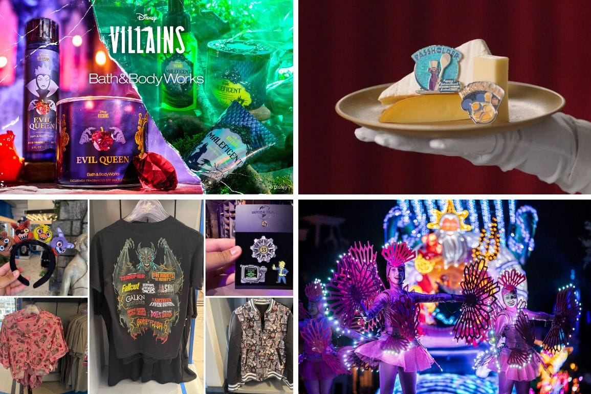 Collage of Disney-themed treats, clothing, and the Disney Villains Collection with a parade in colorful lights.