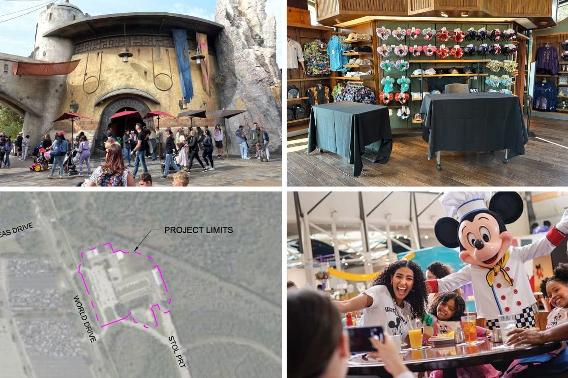 A collage of Disneyland scenes: gift shop, site map, Oga’s Cantina, and guests dining with a Mickey Mouse mascot.