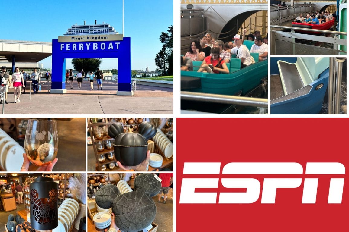 Collage of Disney ferryboat entrance, Magic Kingdom water ride, Mickey merch, and ESPN logo in red and white.