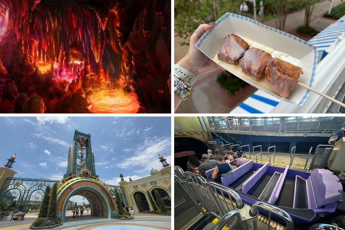 A collage of a cave, food on a stick, Walt Disney World’s vibrant entrance, and Big Thunder Mountain with purple seats.