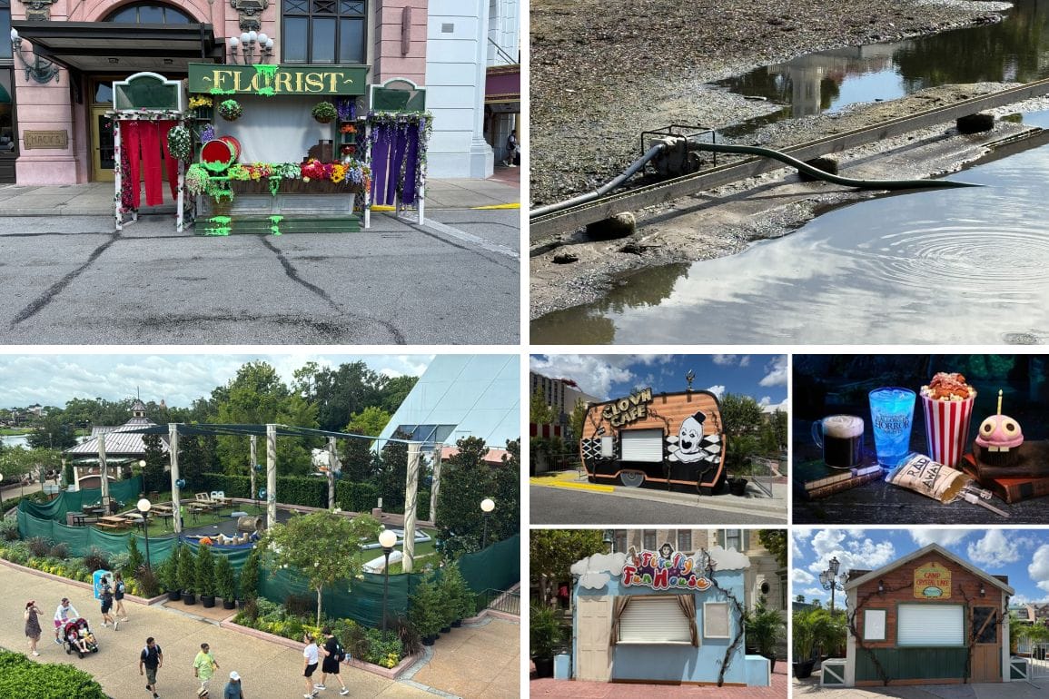 A collage of six images featuring Halloween Horror Nights kiosks, construction sites, and festive food and drink items.
