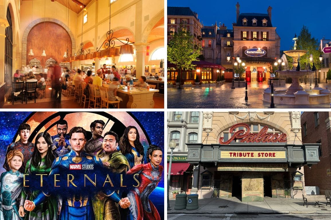 Collage of Walt Disney World, a lit building at night, Eternals movie poster, and a vintage Tribute Store entrance.