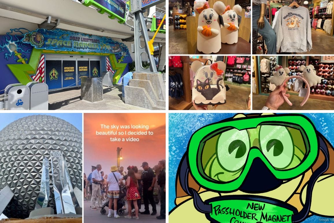 A collage featuring Disney merchandise, EPCOT’s sphere, crowds, Passholder Magnet, and Security near the Space Ranger ride entrance.