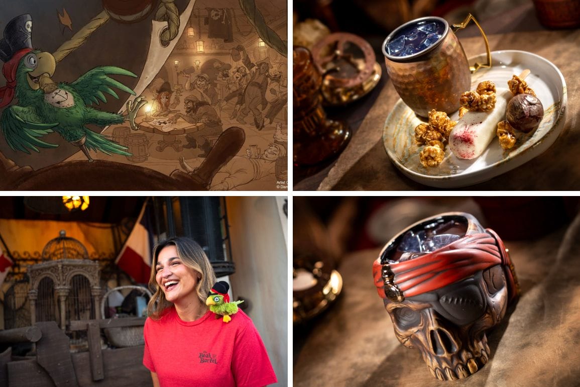 A collage of Pirate-themed food, drinks, and art at Pirates of the Caribbean Tavern with a smiling woman and full menu.