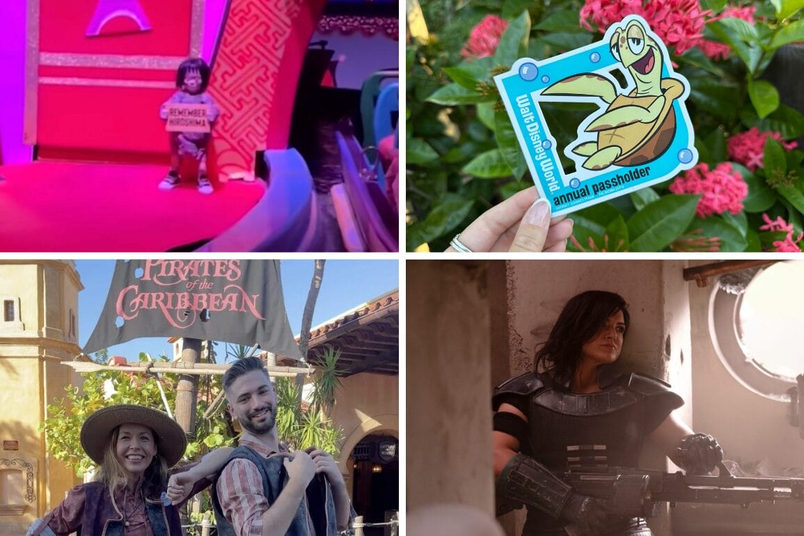 A daily recap collage of four Disney-themed images: a child, passholder card, park visitors, and a costumed character.