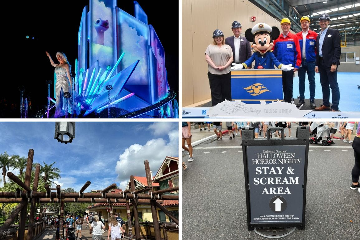 A collage of four images shows Disney and Universal scenes, including a Disney Starlight Parade, mascot, entrance, and event sign.