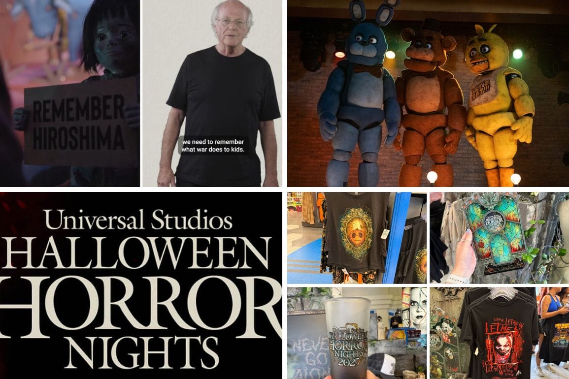 Collage of Halloween Horror Nights, Hiroshima remembrance, animated Freddy Fazbear, and themed merchandise and decor.