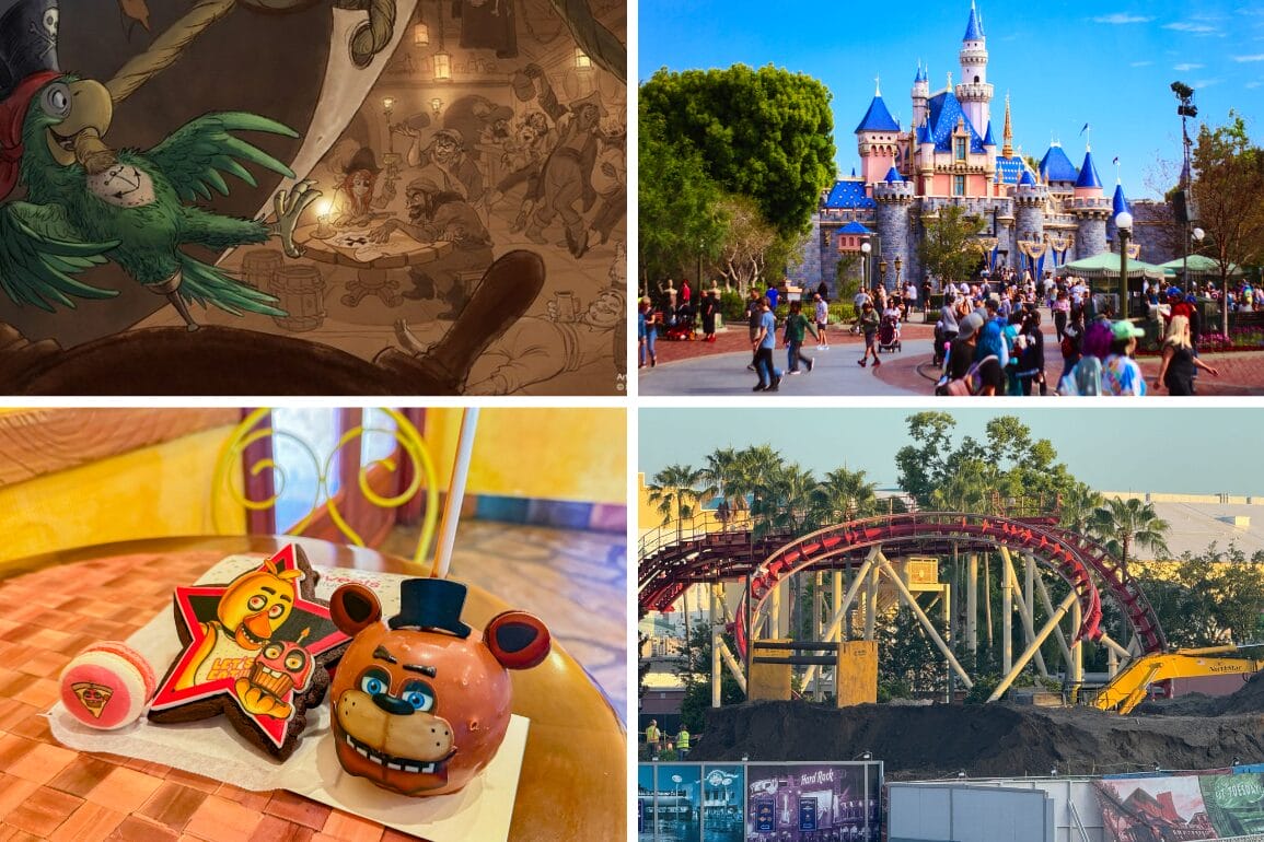 A daily recap collage with Pirates art, Disneyland castle, themed desserts, and a roller coaster under construction.