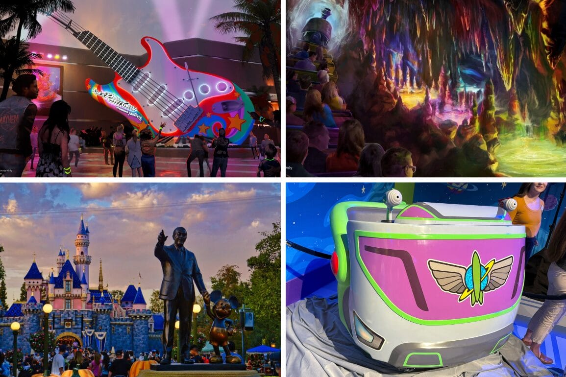 Daily recap collage: giant guitar, colorful cave, Sleeping Beauty castle, and Buzz Lightyear ride vehicle at Disneyland.