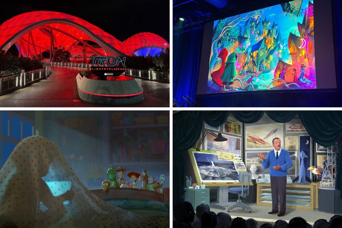 A daily recap collage featuring Disney attractions, concept art, and animated movie scenes in four separate images.