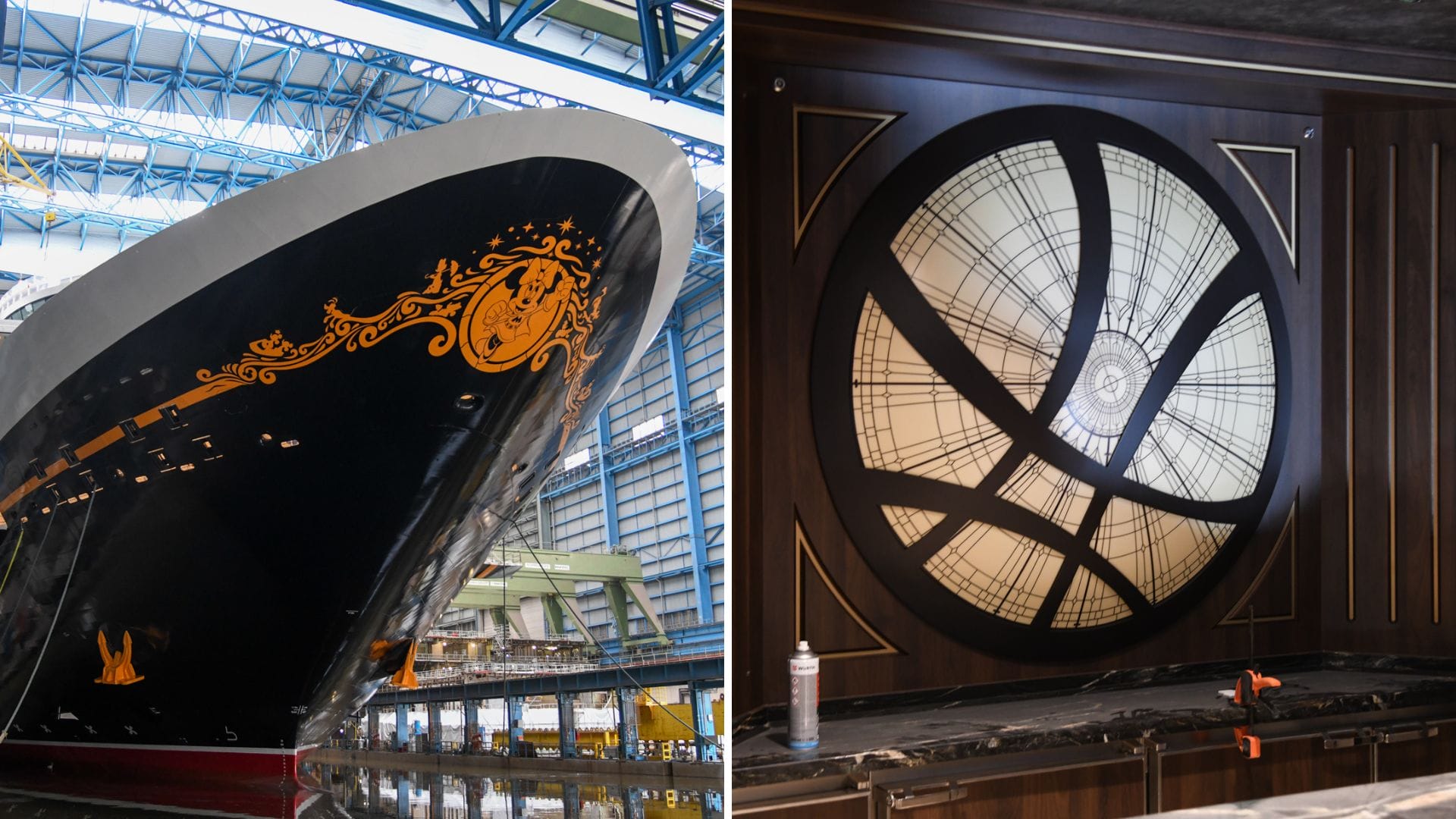 A ship with gold designs in a shipyard next to a circular window with geometric patterns indoors.