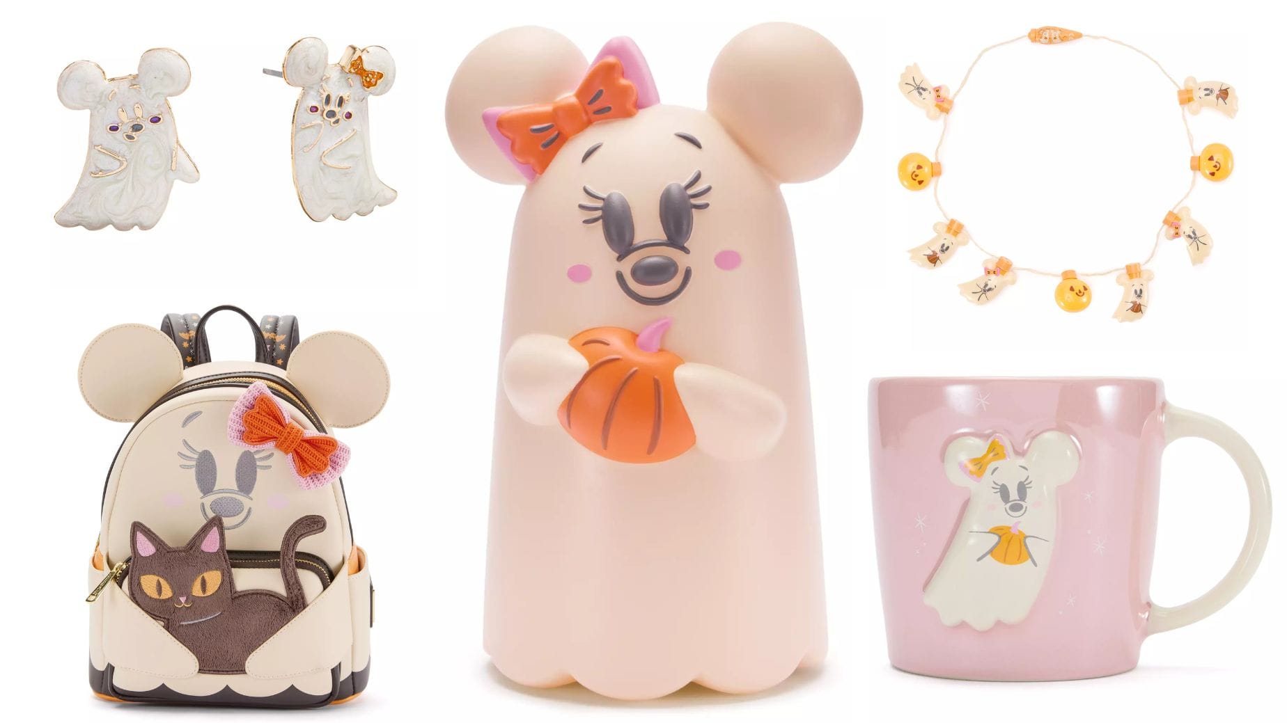 A pastel-colored Disney Halloween set with a ghost mouse figurine, earrings, mug, backpack, and pumpkin necklace.