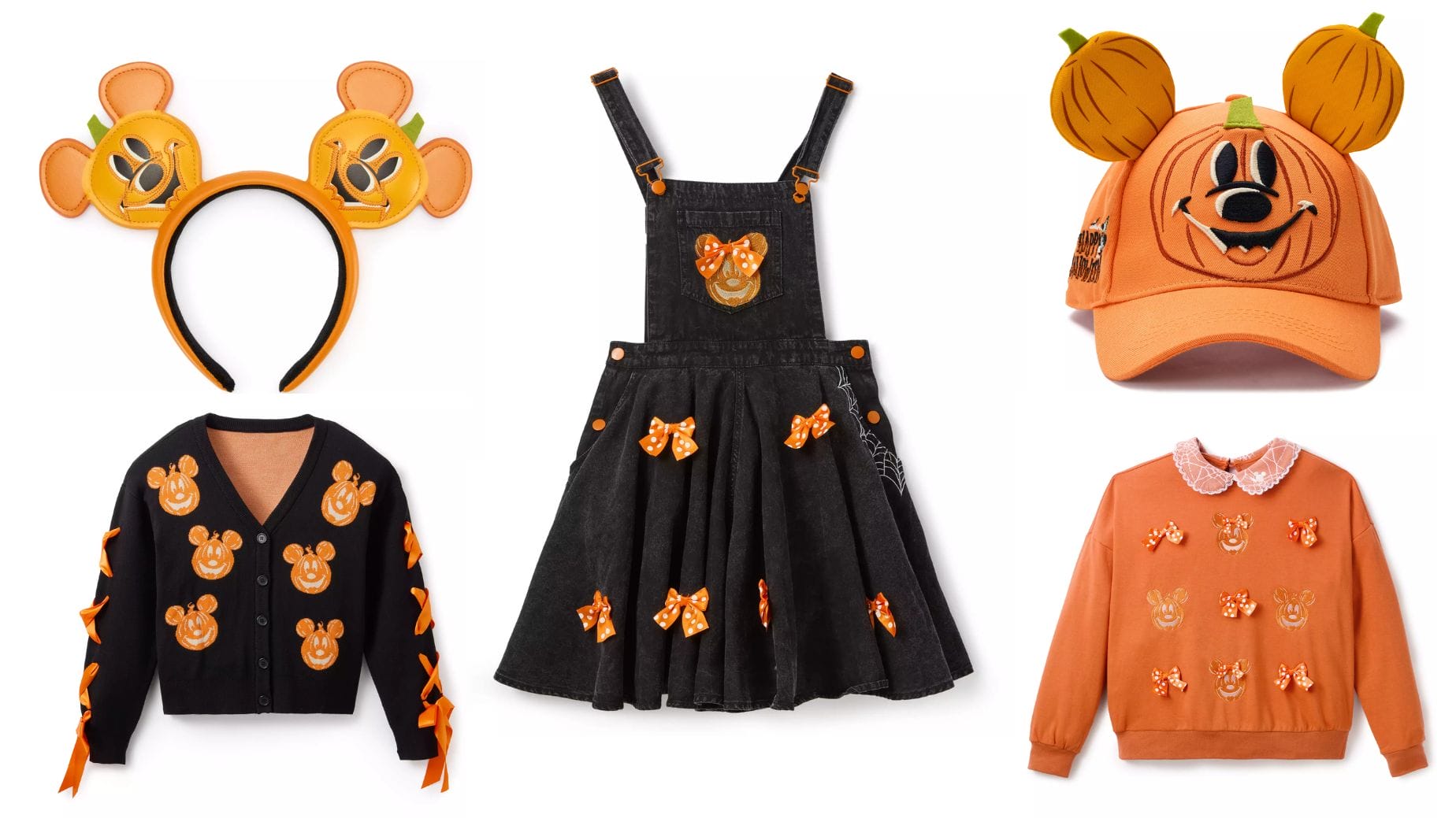 Five Halloween-themed Disney Store apparel and accessories, including a Mickey Jack-o'-Lantern Ear Headband and pumpkin hat.