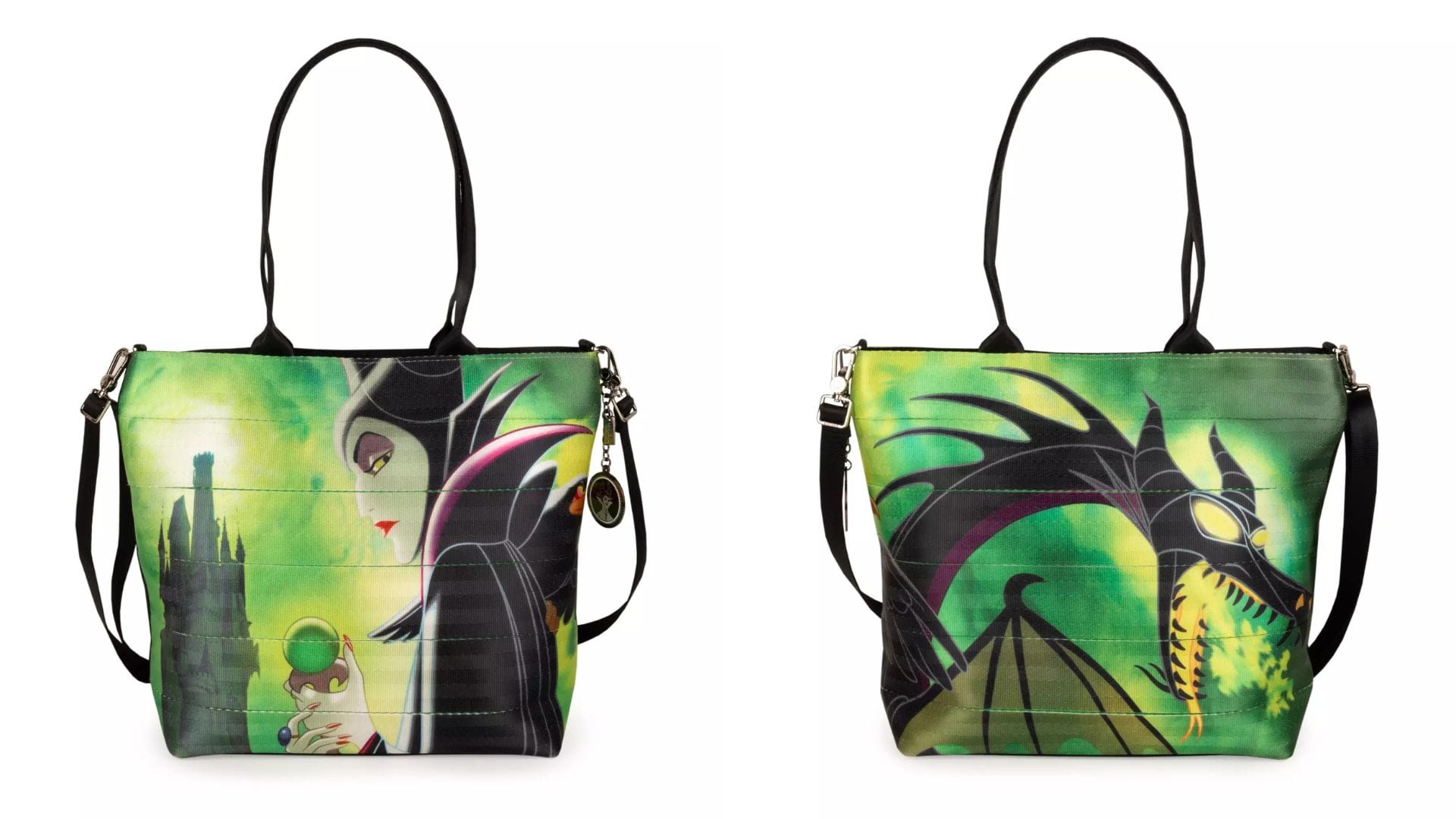 Front and back views of a Maleficent Tote Bag by Harveys with green, black, and yellow illustrated designs.
