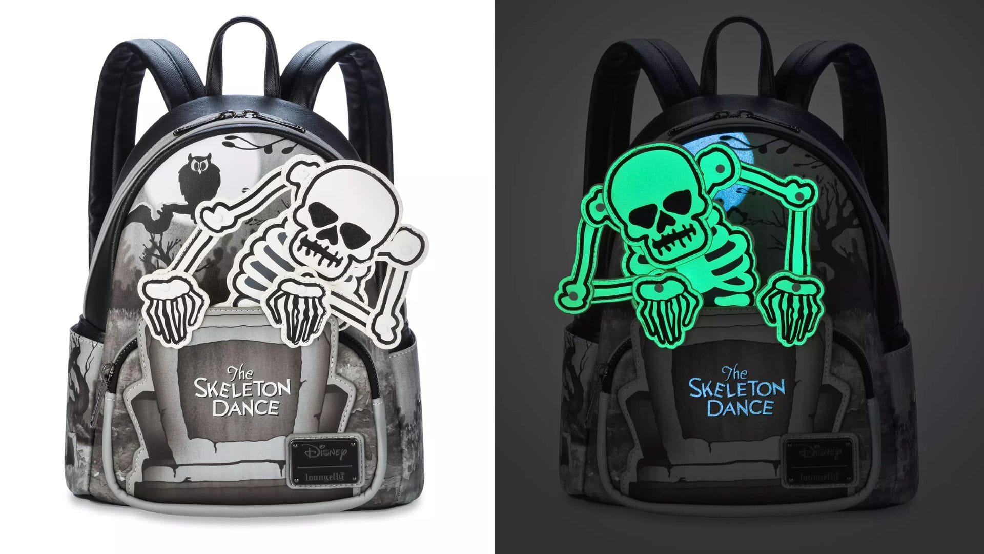 A Glow-in-the-Dark Loungefly Skeleton Dance backpack; skeleton details glow green, available at Disney Store.