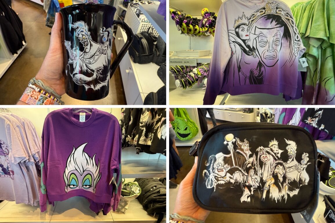 Disneyland Resort Villains Apparel and merchandise, like mugs and sweaters, displayed in a retail store.