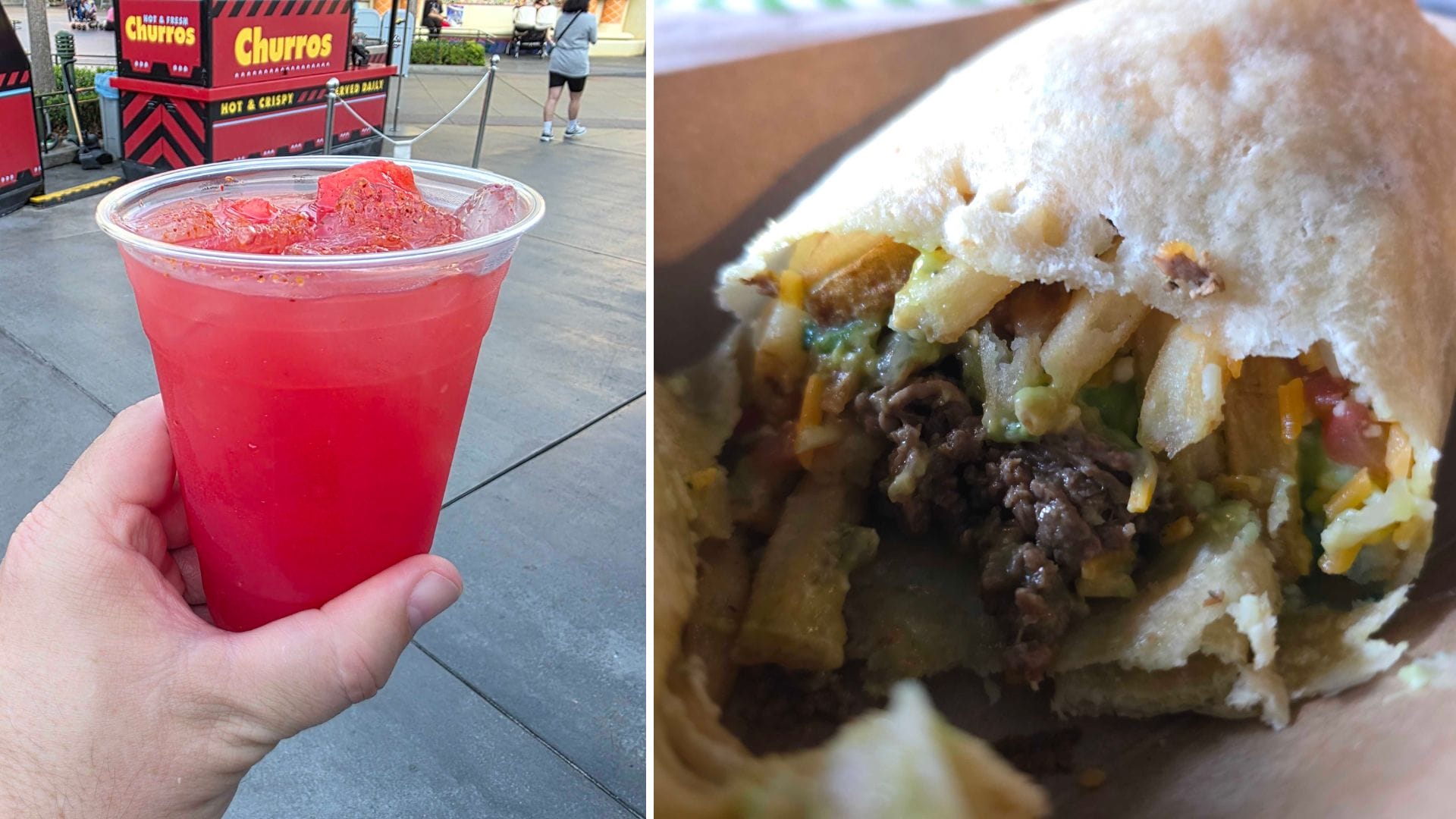 A hand holds a red drink with ice; next to it is the Oogie Boogie Burrito from Studio Catering Co.
