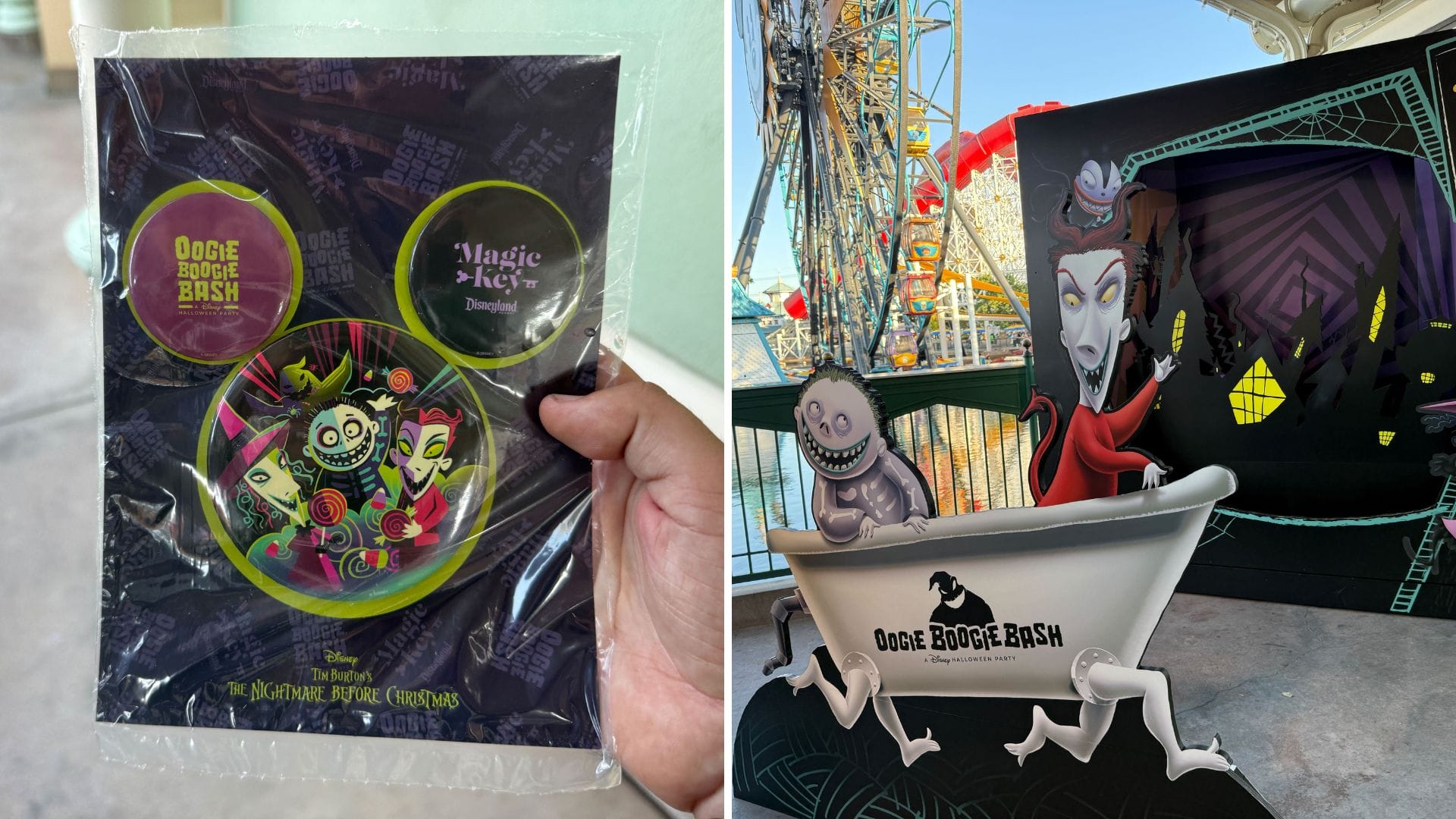 A hand holds Oogie Boogie Bash 2025 pins near a Nightmare Before Christmas Photo Op featuring characters in a tub.