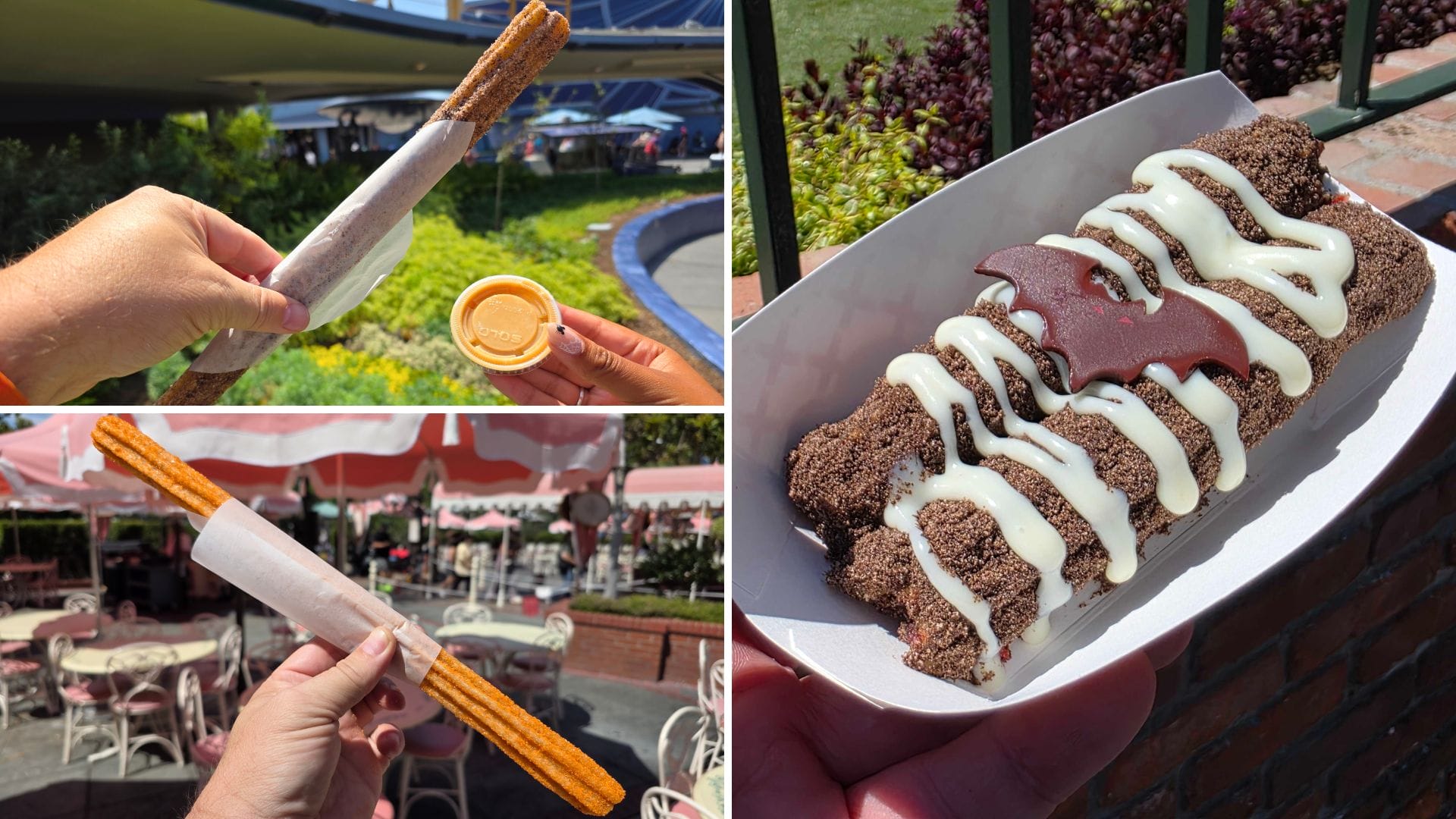 Collage of Halloween churros at Disneyland: one plain, one with dipping sauces, and one topped with chocolate and a bat shape.