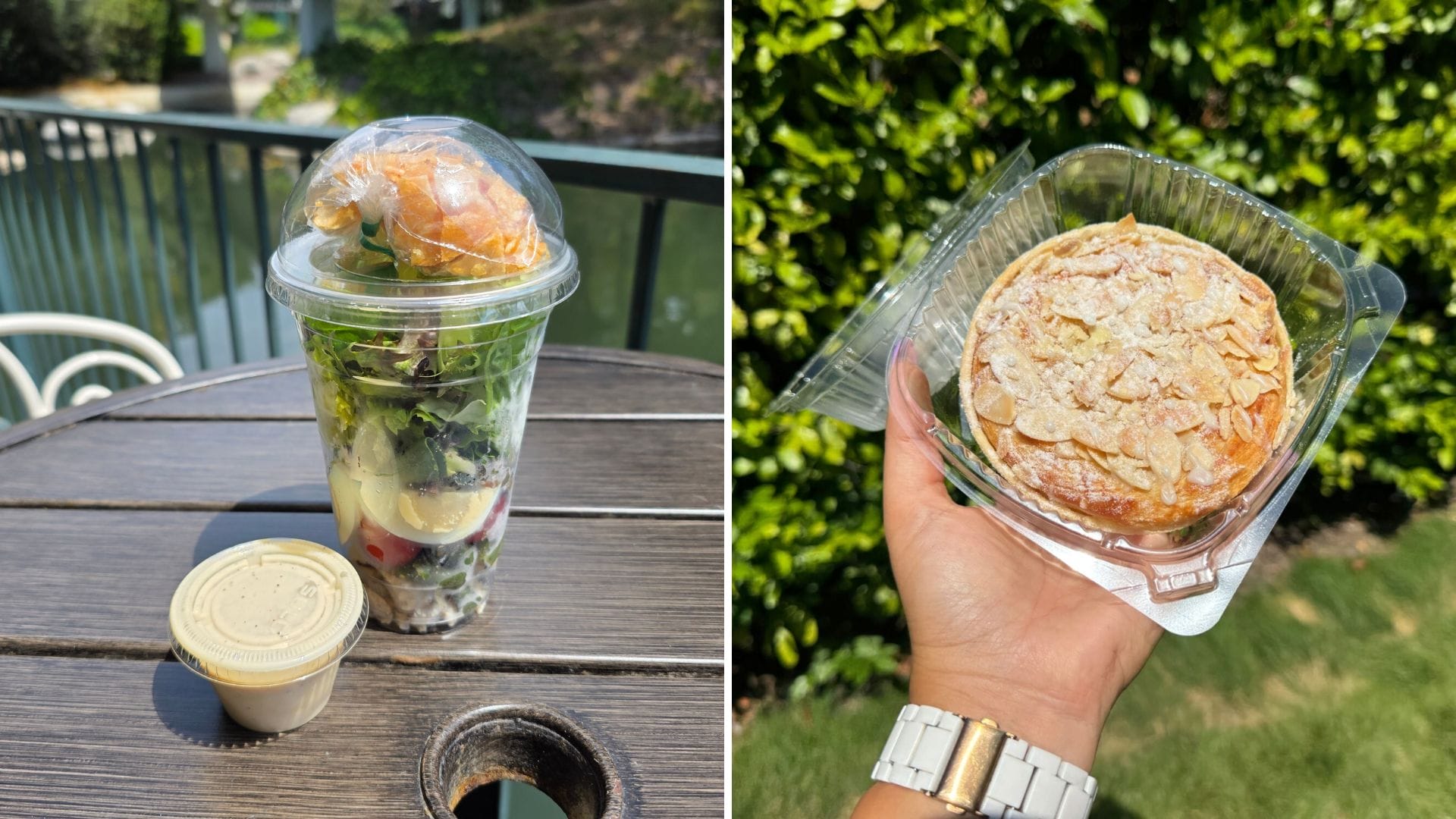 Left: Chicken Nicoise Shaker Salad with croissant. Right: Hand holding an Almond Danish Pastry from Edelweiss Snacks.