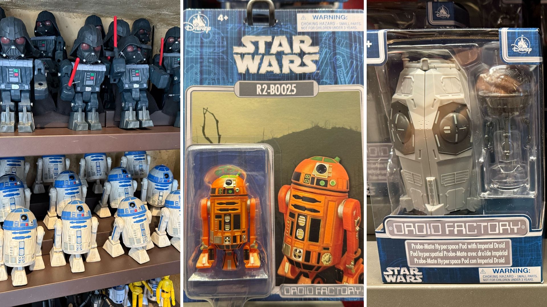 Shelves and packaging of Star Wars droid toys and Darth Vader figures, including R2-D2 and R2-B0025.