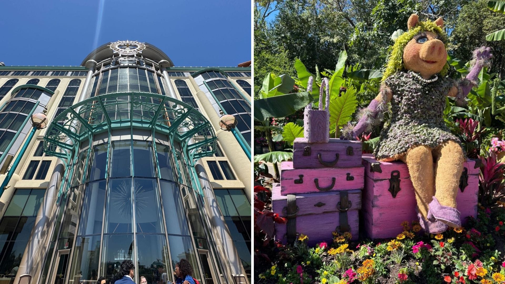 Left: Universal Helios Grand Hotel exterior; right: Miss Piggy topiary with pink suitcases, Las Culturistas Culture Awards.