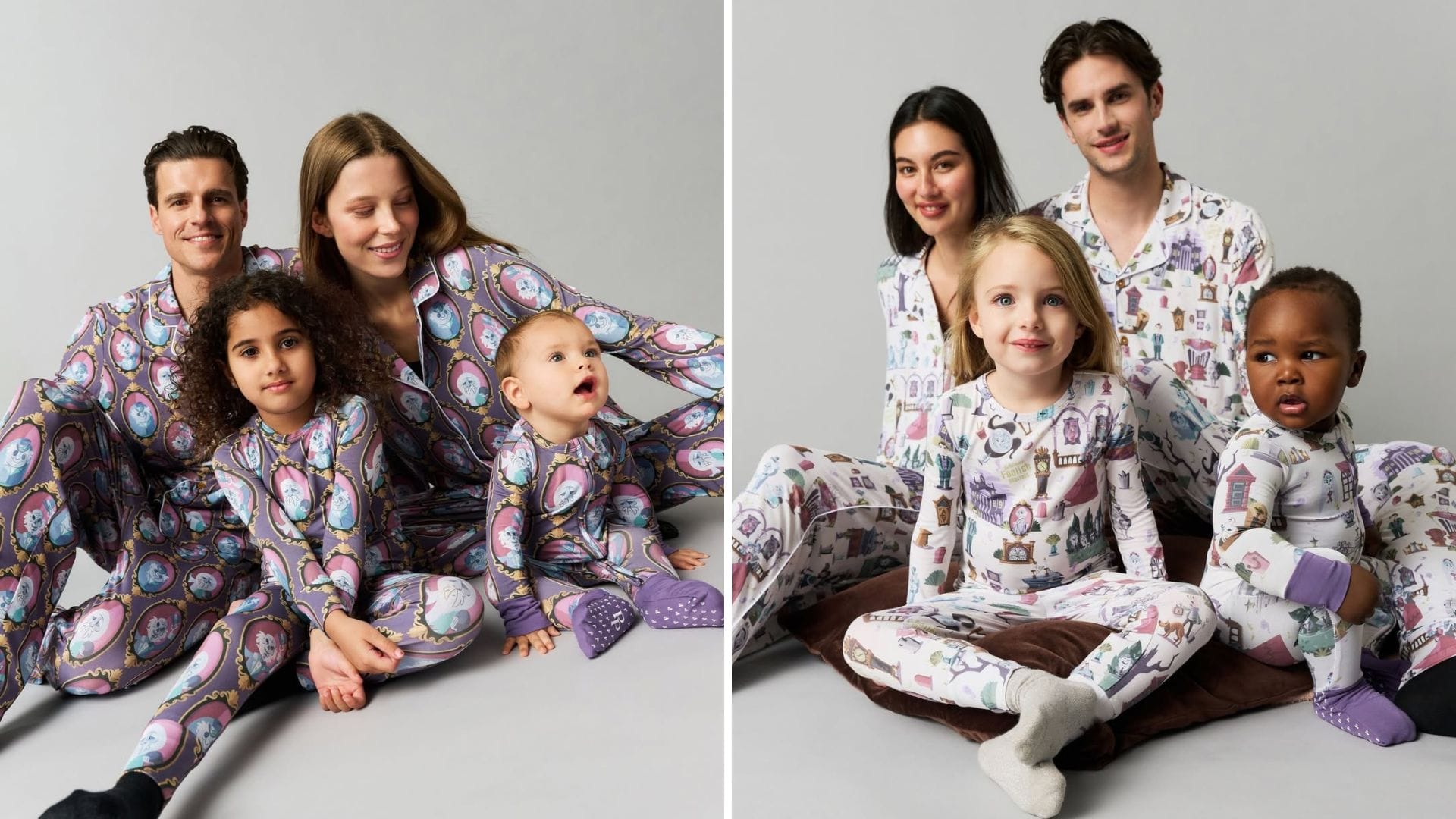 Two families in Posh Peanut pajamas sit on the floor, smiling together against a plain backdrop.