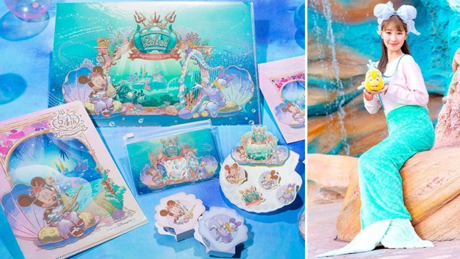 Disney-themed mermaid stationery and a woman in Mermaid Lagoon attire holding plush, celebrating Tokyo DisneySea merchandise.