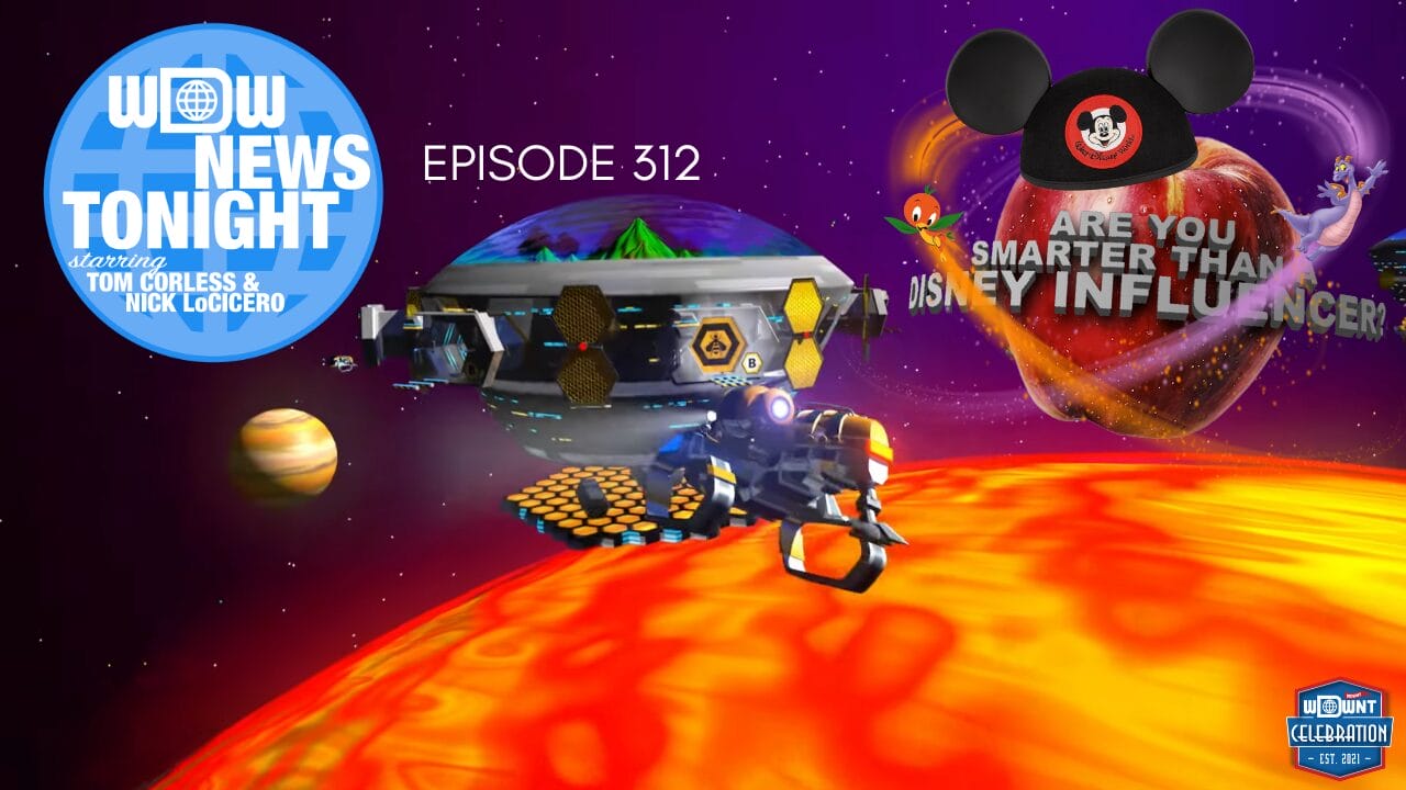 Colorful space scene with planets, a spaceship, and Disney imagery—like a nighttime parade for "WOW News Tonight Episode 312.