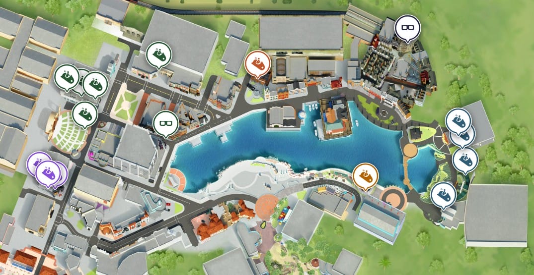 A Map 2025 of a theme park with color-coded icons marking Halloween Horror Nights attractions around a central lake.