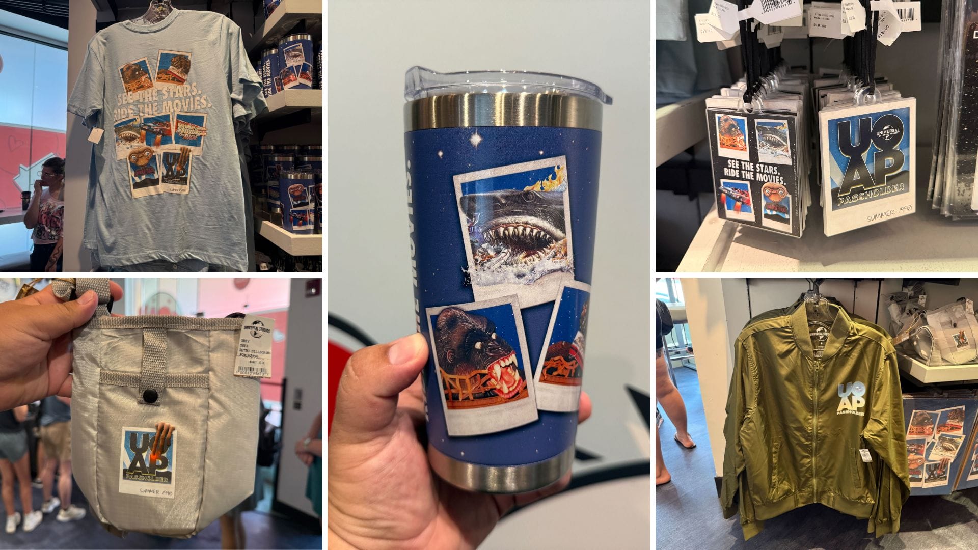 Collage of Universal Orlando souvenirs: shirts, tumbler, jacket, tote bag, and UOAP Merchandise with movie-themed designs.