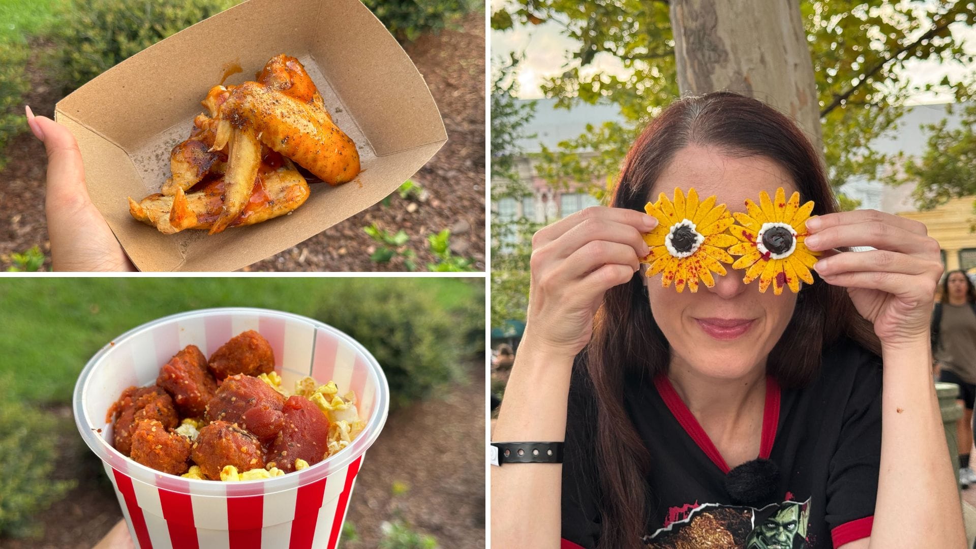 A woman playfully holds flower-shaped cookies over her eyes; bowls of wings and sausage are shown beside her.