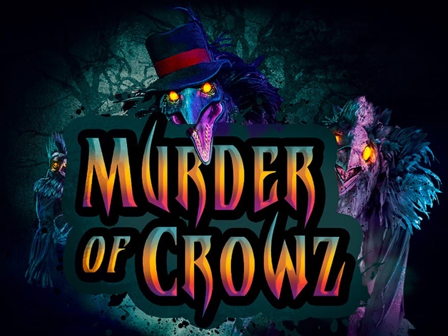 Three eerie, glowing-eyed crows surround "Murder of Crowz" in fiery lettering for a chilling Scare Zone vibe.