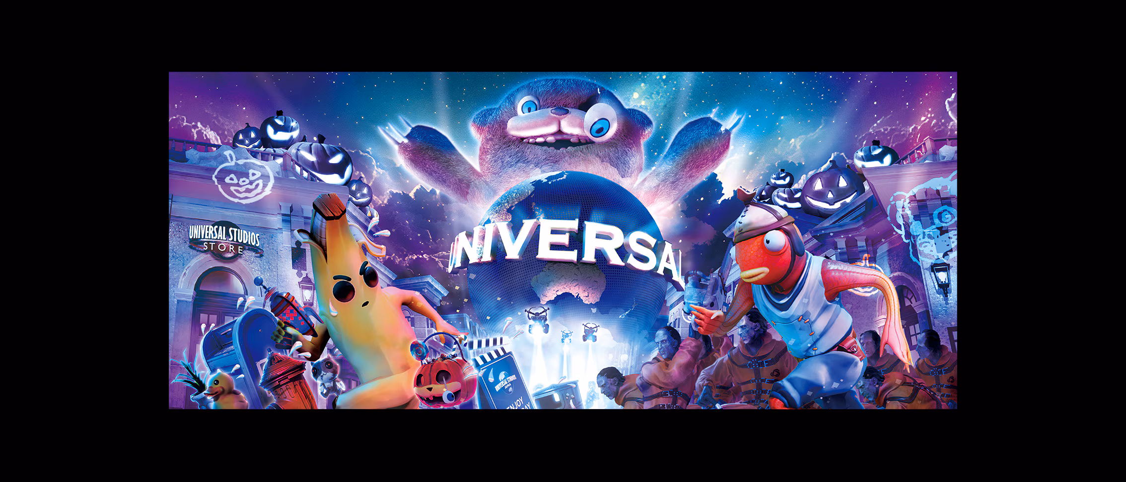 Colorful animated characters in costumes surround the Universal Studios Japan globe, with glowing Halloween pumpkins behind.