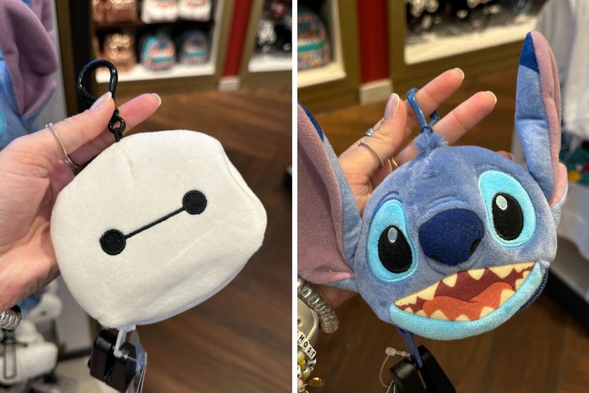 Two hands hold plush keychains: a Baymax face on the left, Stitch on the right—perfect for your packable tote.