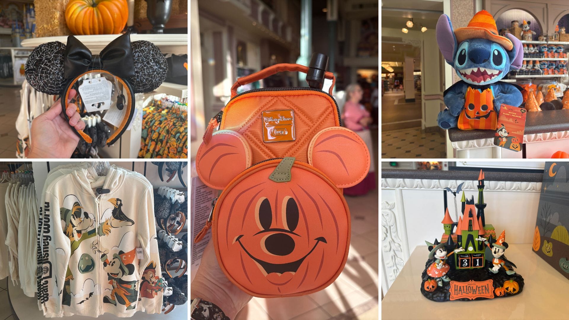 Collage of Walt Disney World Halloween merchandise, featuring Mickey Mouse, Minnie ears, Stitch plush, sweatshirt, and decor.