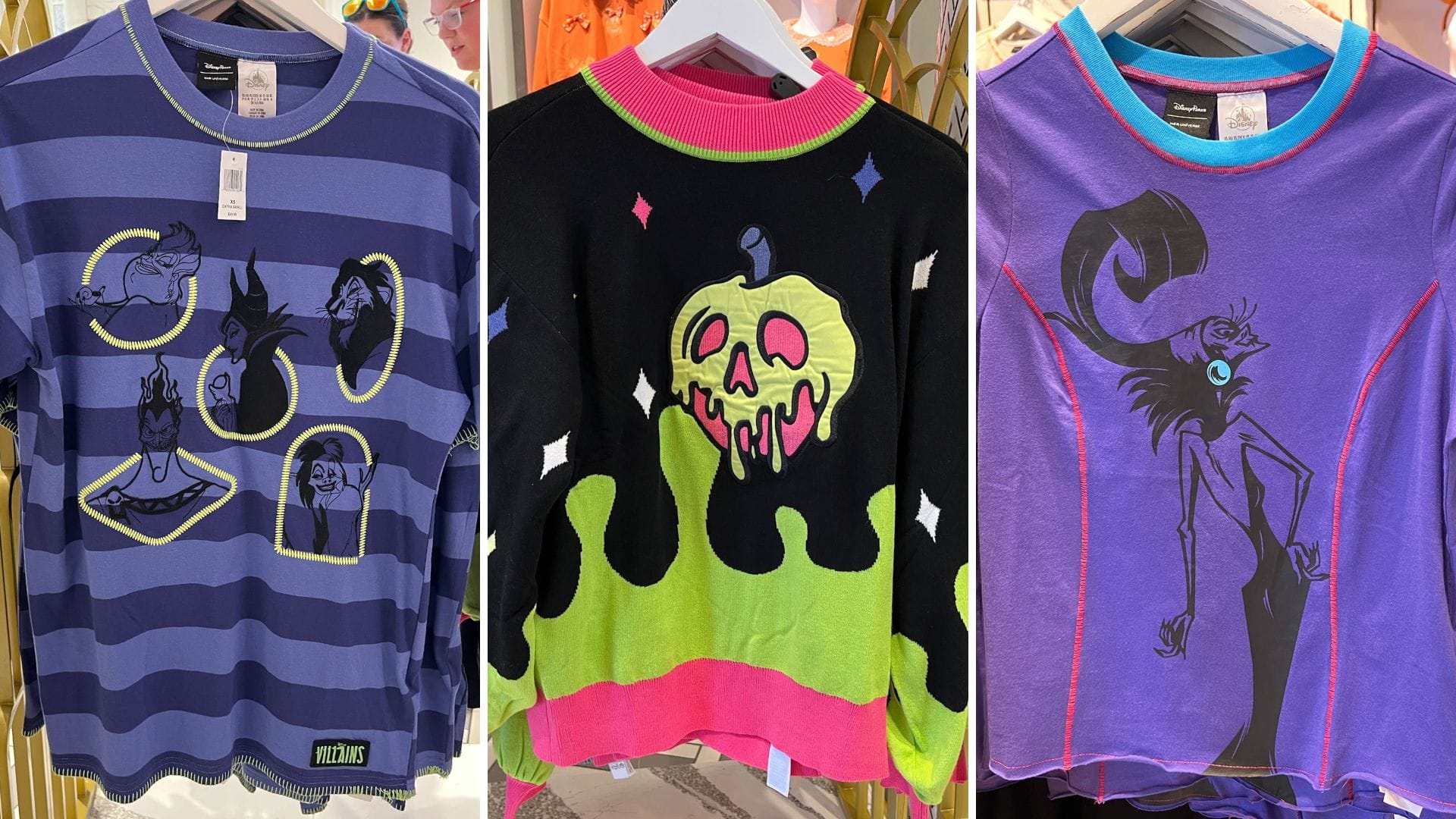 Three colorful Her Universe shirts featuring Disney villains, including Ursula, Maleficent, and the Evil Queen.