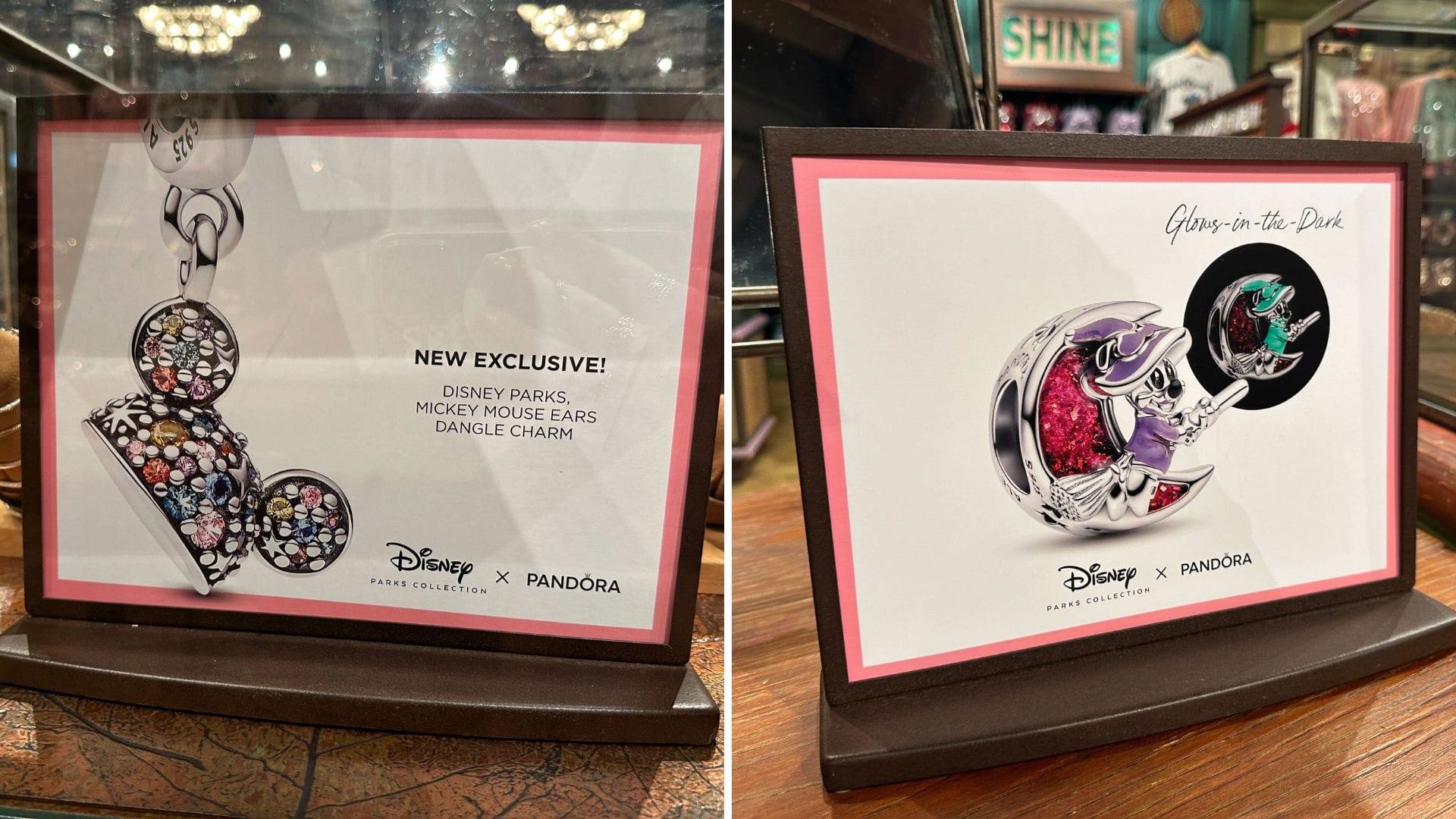 Two Disney x Pandora Charms: a Mickey Ear Hat dangle and a glow-in-the-dark Ursula moon charm.