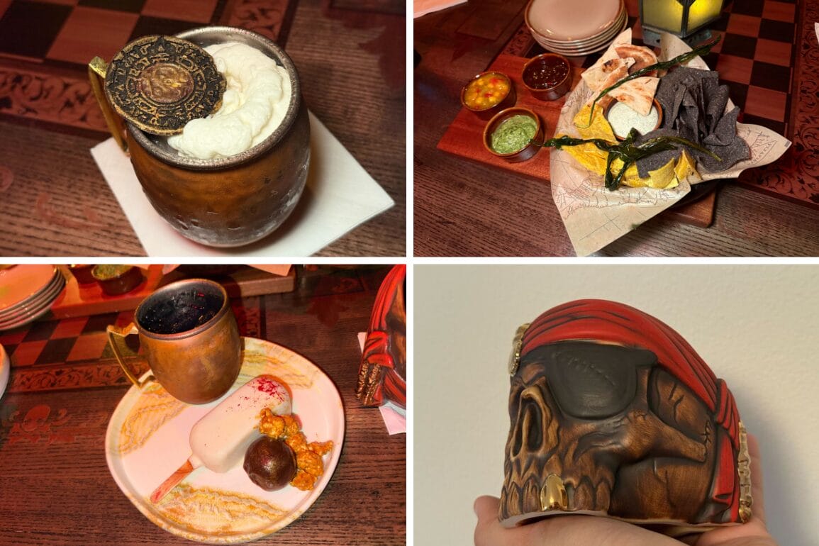 Four images: Beak and Barrel menu items—a drink with whipped cream, chips, dessert plate, and a pirate skull mug.