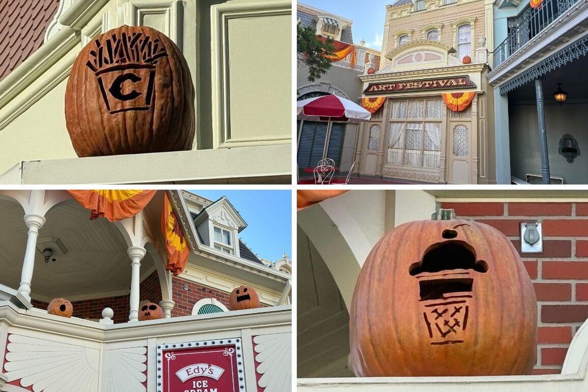 Collage of Jack-o'-Lanterns with unique designs on porches, adding festive Halloween decor to a fall celebration.