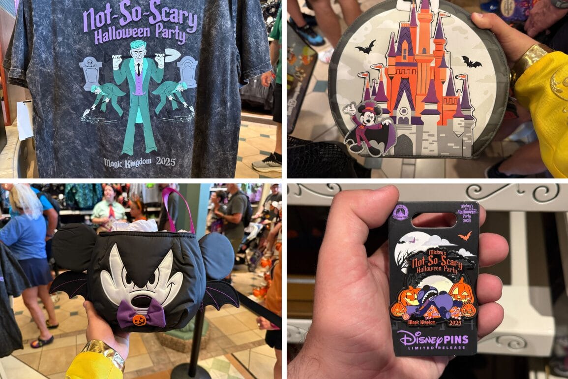 Collage of 2025 Mickey's Not So Scary Halloween Party Merchandise, including shirts, bags, and a collectible pin.