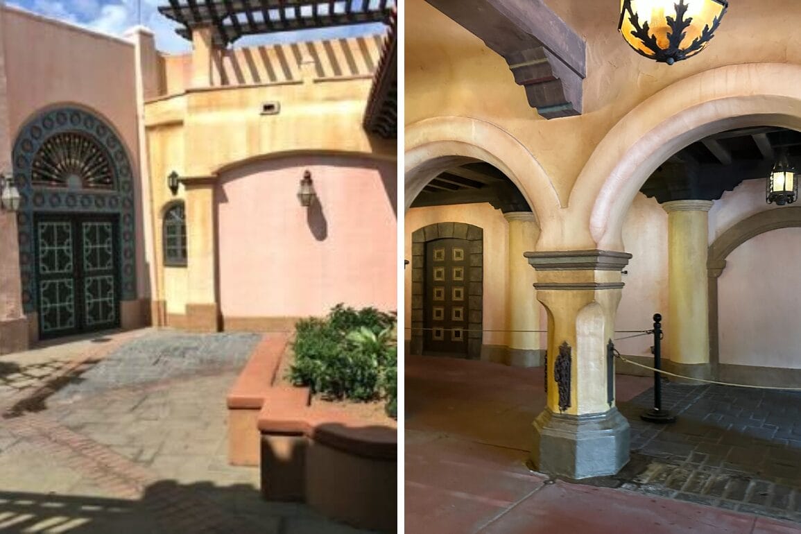 Side-by-side images of pink stucco, arches, and details from the Pirates of the Caribbean Courtyard interiors and exteriors.