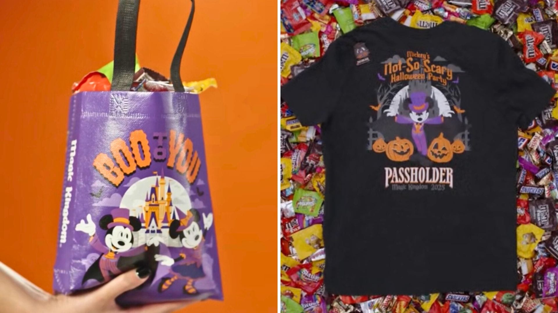 A purple Disney tote and black event tee on candy backgrounds—2025 Passholder-Exclusive Merchandise for Mickey's Not So Scary Halloween Party.