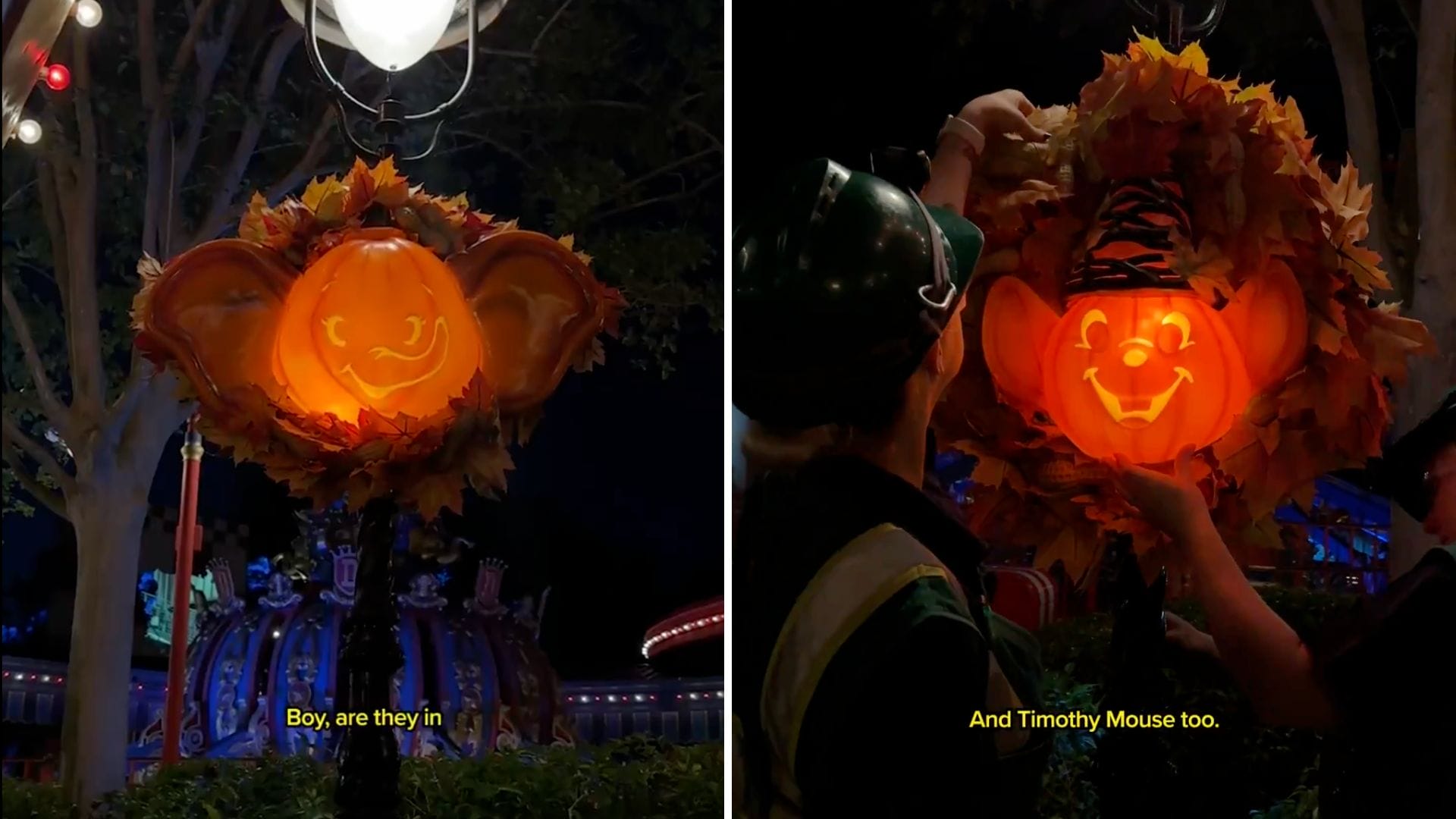 A glowing pumpkin lantern with mouse ears, decorated with autumn leaves, is being adjusted by a worker at night.