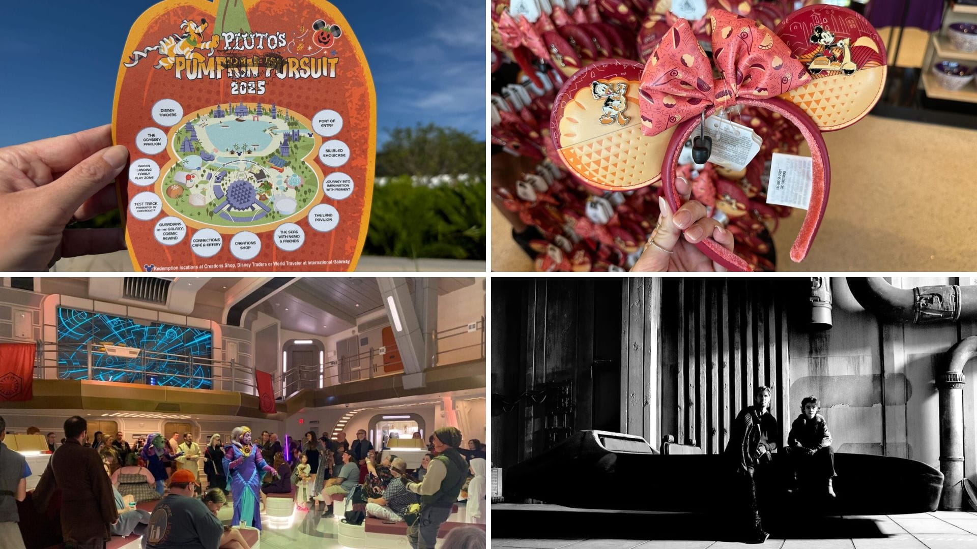 A collage of four images: a pumpkin event map, Minnie ears, a Star Wars: Galactic Starcruiser room, and a classic film scene.