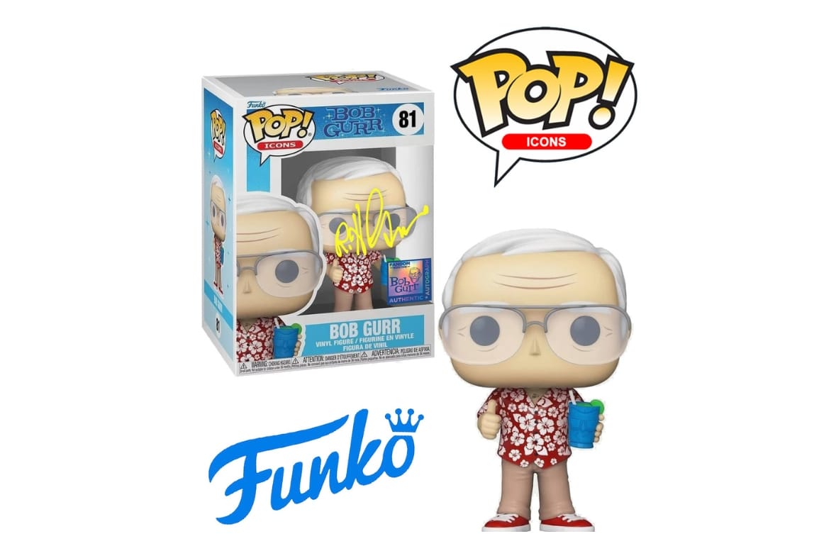 Funko Pop! Figure of Imagineer Bob Gurr in a red shirt with drink, shown with box and POP! ICONS logo.