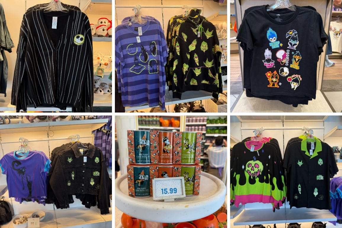 Six images of Disneyland Halloween merchandise: Disney-themed shirts and vibrant villains cups, each priced at $15.99.